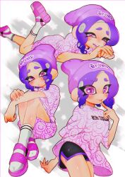 Rule 34 | 1girl, beanie, black shorts, cephalopod eyes, closed mouth, commentary request, dolphin shorts, doro mizu 831, eyelashes, grey background, hat, highres, looking at viewer, lying, medium hair, multiple views, nintendo, octoling, octoling girl, octoling player character, on stomach, open mouth, pink eyes, pink footwear, pink headwear, pink shirt, print headwear, print shirt, purple hair, purple trim, red lips, sandals, shirt, short shorts, shorts, sitting, smile, socks, splatoon (series), teeth, tentacle hair, thick eyebrows, white socks