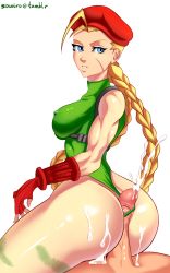 Rule 34 | 1boy, 1girl, ass, blonde hair, blue eyes, braid, buttjob, cammy white, capcom, covered erect nipples, cum, cum on ass, ejaculation, fingerless gloves, gloves, hair ornament, hairclip, highres, huge ass, leotard, long hair, looking back, penis, penis under another&#039;s clothes, scar, sitting, sitting on lap, sitting on person, sowilo, street fighter, twin braids, uncensored