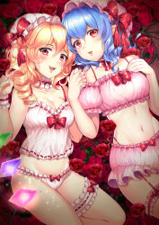 Rule 34 | 2girls, :d, absurdres, blonde hair, bloomers, blue hair, bow, bow panties, breasts, choker, cinderella bust, cleavage, collarbone, detached sleeves, drill hair, fang, flandre scarlet, flower, frilled panties, frills, from above, garter straps, hair between eyes, hat, hat bow, highres, holding hands, long hair, looking at viewer, lying, medium breasts, medium hair, mob cap, multiple girls, on back, open mouth, panties, pink headwear, pink sleeves, pointy ears, red bow, red eyes, red flower, red panties, red ribbon, red rose, remilia scarlet, ribbon, ribbon-trimmed panties, rose, short sleeves, siblings, side drill, sisters, smile, spaghetti strap, thigh strap, touhou, underwear, underwear only, uzura (moimoi), vampire, white choker, white headwear, white panties