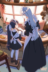 Rule 34 | 2girls, age difference, apron, black dress, black hair, boots, brown footwear, child, cooking, dress, fisheye, from behind, ichimi renge, indoors, kitchen, long hair, low ponytail, maid, maid apron, maid headdress, multiple girls, original, pantyhose, ponytail, tasting, white apron, white hair, white legwear, window, wooden stool