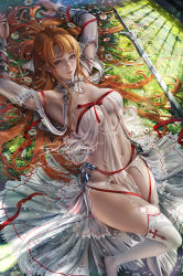 Rule 34 | 1girl, armor, artist name, asuna (sao), breasts, brown eyes, brown hair, cleavage, clothes, dress, female focus, flower, large breasts, long hair, looking at viewer, lying, matching hair/eyes, navel, patreon username, realistic, sakimichan, signature, solo, sword, sword art online, thighhighs, watermark, weapon, web address, white thighhighs