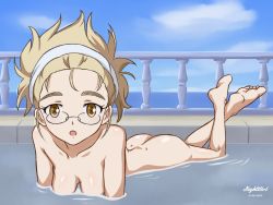 Rule 34 | 1girl, ass, bathing, blonde hair, blush, breasts, cleavage, glasses, hairband, highres, in water, long hair, looking at viewer, nude, onsen, open mouth, outdoors, perrine h. clostermann, sky, small breasts, solo, strike witches, world witches series, yellow eyes
