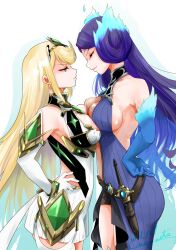 Rule 34 | 2girls, bare shoulders, blonde hair, blue fire, breast contest, breast press, breasts, brighid (xenoblade), center opening, chest jewel, cleavage, cleavage cutout, closed eyes, clothing cutout, commentary request, curvy, dress, earrings, elbow gloves, fiery hair, fire, gloves, highres, jewelry, large breasts, long hair, multiple girls, mythra (xenoblade), nayuta-kanata, purple dress, purple hair, revision, short dress, swept bangs, symmetrical docking, thighhighs, tiara, very long hair, white dress, white gloves, xenoblade chronicles (series), xenoblade chronicles 2, yellow eyes