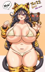 Rule 34 | 1girl, 2022, :d, absurdres, alternate costume, animal hood, animal print, areola slip, barcode, barcode tattoo, bikini, black hair, blush, braid, breasts, cameltoe, cat girl, cat tail, chinese zodiac, cleanerjay, covered erect nipples, cowboy shot, creature, fangs, heart, heart in mouth, heterochromia, highres, hood, hoodie, huge breasts, large areolae, last origin, long hair, micro bikini, mole, mole on breast, mole under mouth, navel, open clothes, open hoodie, open mouth, orange eyes, partially visible vulva, paw pose, plump, poi (last origin), pubic tattoo, purple eyes, simple background, skindentation, smile, solo focus, swimsuit, tail, tattoo, thick thighs, thighhighs, thighs, tiger hood, tiger print, tiger stripes, twin braids, very long hair, year of the tiger