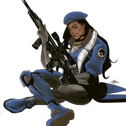 Rule 34 | 1girl, aged down, ana (overwatch), beret, black hair, blue jacket, brown eyes, captain amari, character name, dark-skinned female, dark skin, emblem, facial mark, facial tattoo, gloves, gun, hat, holding, holding gun, holding weapon, indian style, jacket, lips, long hair, looking at viewer, marceline2174, nose, official alternate costume, overwatch, overwatch 1, red lips, rifle, short sleeves, signature, simple background, sitting, smile, sniper rifle, solo, tattoo, weapon, white background
