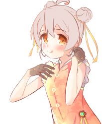 Rule 34 | 1girl, :q, absurdres, ahoge, bare arms, black gloves, brown eyes, buttons, commentary, double bun, dress, duck 1604, ear piercing, floral print, genderswap, genderswap (mtf), gloves, grey hair, hair between eyes, hair bun, hair ribbon, highres, light blush, looking at viewer, onii-chan wa oshimai!, orange dress, orange ribbon, oyama mahiro, piercing, print dress, ribbon, simple background, sleeveless, sleeveless dress, smile, solo, symbol-only commentary, tongue, tongue out, white background