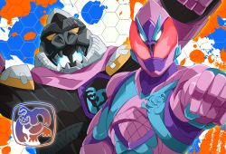Rule 34 | 2boys, adapted costume, animal hood, armor, arms up, clenched hand, extra eyes, fangs, gorilla, highres, hood, kamen rider, kamen rider revi, kamen rider revice, kamen rider vice, kong genome, miyabi (037), multiple boys, orange eyes, pink scarf, scarf, sharp teeth, stamp mark, teeth, tokusatsu, white eyes, yellow eyes