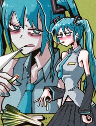 1girl absurdres aqua_eyes aqua_hair aqua_necktie bags_under_eyes blush breasts cigarette detached_sleeves green_background hansoom_(latebirdwakeup) hatsune_miku highres holding holding_cigarette medium_breasts narrow_waist necktie pleated_skirt shirt skirt sleeveless sleeveless_shirt smoke smoking twintails vocaloid