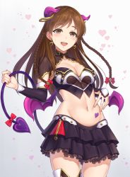 Rule 34 | 10s, 1girl, braid, breasts, brown eyes, brown hair, capelet, cleavage, commentary request, demon girl, demon horns, demon tail, demon wings, heart, heart tattoo, highres, horns, idolmaster, idolmaster cinderella girls, long hair, medium breasts, midriff, navel, nitta minami, open mouth, smile, solo, demon girl, tail, tattoo, twin braids, wings, yuuhi (ages)