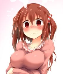 Rule 34 | 10s, 1girl, @ @, blush, breast hold, breasts, brown eyes, brown hair, ebina nana, female focus, gradient background, himouto! umaru-chan, large breasts, rinrin (927413), solo, wavy mouth