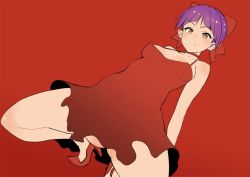 Rule 34 | bad id, bad twitter id, bare shoulders, dress, fang, gegege no kitarou, high heels, looking at viewer, looking down, nekomusume, nuezou, pointy ears, purple hair, red dress, red theme, short hair, squatting, thighs, yellow eyes