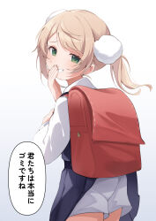 Rule 34 | 1girl, absurdres, ass, backpack, bag, black skirt, clenched teeth, clothes lift, eat some cookie, female focus, from behind, gradient background, green eyes, grey background, grin, highres, indie virtual youtuber, looking at viewer, medium hair, randoseru, shigure ui (vtuber), shigure ui (vtuber) (young), shorts, skirt, skirt lift, smile, solo, speech bubble, teeth, translation request, virtual youtuber, white shorts