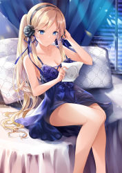 Rule 34 | 1girl, bare legs, bare shoulders, black flower, blonde hair, blue eyes, blush, breasts, cleavage, collarbone, commentary request, curtains, dress, feet out of frame, flower, hair flower, hair ornament, hair ribbon, hairband, hand up, highres, holding, indoors, long hair, medium breasts, mutang, on bed, original, pillow, ponytail, purple dress, purple ribbon, ribbon, sitting, solo, very long hair