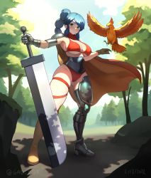 Rule 34 | 1girl, absurdres, armor, bikini, bird, blue eyes, blue hair, breasts, brown gloves, cape, commentary, corset, dated, english commentary, forest, gad ddx, gad the god, gauntlets, gloves, heavy hearts, highres, huge weapon, large breasts, leg armor, long hair, luccia (heavy hearts), mole, mole under eye, nature, orange cape, ponytail, red bikini, shoulder armor, single gauntlet, swept bangs, swimsuit, sword, thigh strap, tree, twitter username, weapon, yellow footwear