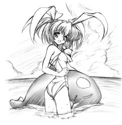 Rule 34 | 1990s (style), 1girl, aizawa tomomi, ass, cloud, cowboy shot, female focus, greyscale, monochrome, ocean, one-piece swimsuit, outdoors, partially submerged, pia carrot (series), pia carrot e youkoso!!, short hair, sky, solo, standing, swimsuit, water