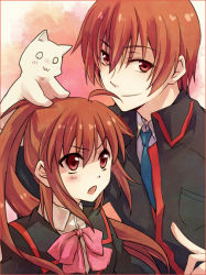 Rule 34 | 1boy, 1girl, animal, animal on head, bad id, bad pixiv id, bow, brother and sister, brown hair, cat, cat on head, lennon, little busters!, long hair, naho (pi988y), natsume kyousuke, natsume rin, on head, pink bow, red eyes, school uniform, short hair, siblings, yuna (artist), yuna (pi988y)