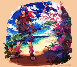 Rule 34 | 1boy, bandana, beach, belt, blue eyes, blue hair, blue sky, chrono cross, cloud, commentary, coral, english commentary, jewelry, kianamosser, necklace, ocean, red bandana, red legwear, serge (chrono cross), shorts, sky, smile, solo, steel-toe boots, symbol-only commentary