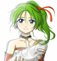 Rule 34 | 1990s (style), 1girl, aitaso, baby, blue eyes, bow, breasts, cape, detached sleeves, dress, earrings, elbow gloves, final fantasy, final fantasy vi, gloves, green hair, hair ribbon, jewelry, long hair, lowres, ponytail, ribbon, strapless, strapless dress, tina branford