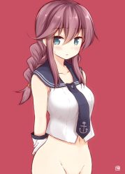 Rule 34 | 10s, 1girl, akane souichi, arms behind back, bare shoulders, blue eyes, blush, bottomless, braid, brown hair, collarbone, crop top, gloves, groin, kantai collection, long hair, looking at viewer, navel, necktie, noshiro (kancolle), out-of-frame censoring, parted lips, red background, sailor collar, school uniform, serafuku, shirt, sidelocks, simple background, sleeveless, sleeveless shirt, solo, sweat, twin braids, wavy mouth, white gloves