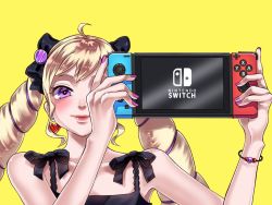 Rule 34 | 1girl, alternate costume, bare shoulders, bow, closed mouth, elise (fire emblem), fire emblem, fire emblem fates, fire emblem heroes, holding, looking at viewer, nail polish, nintendo, nintendo switch, purple hair, purple nails, satou whitep, simple background, solo, twintails, upper body