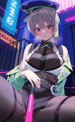 Rule 34 | 1girl, absurdres, bare shoulders, belt, black shirt, black skirt, breasts, brown pantyhose, commission, glowstick, green jacket, grey eyes, grey hair, hat, heavy breathing, highres, jacket, large breasts, long sleeves, looking at viewer, miniskirt, necktie, neon lights, off shoulder, open clothes, open jacket, original, pantyhose, peaked cap, pelvic curtain, police hat, shirt, short hair, sitting, skindentation, skirt, sleeveless, sleeveless shirt, solo, spread legs, thigh strap, thighs, timy, wing collar