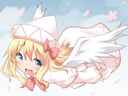 Rule 34 | 1girl, angel wings, blonde hair, blue eyes, dress, flying, gradient background, hat, lily white, natsu no koucha, petals, pink dress, solo, touhou, wings