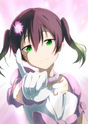 Rule 34 | absurdres, black hair, dream with you (love live!), flower, gloves, green eyes, hair flower, hair ornament, highres, jewelry, love live!, love live! nijigasaki high school idol club, necklace, pearl necklace, smile, takasaki yu, twintails, two-tone dress, white gloves, zasshoku ojisan