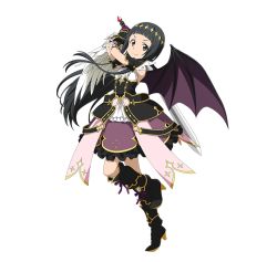 Rule 34 | 1girl, armor, armored dress, arms up, asymmetrical wings, black eyes, black footwear, black hair, black wings, boots, child, demon wings, floating hair, full body, gauntlets, hair ornament, high heel boots, high heels, holding, holding sword, holding weapon, knee boots, leg up, long hair, looking at viewer, mismatched wings, solo, standing, standing on one leg, sword, sword art online, transparent background, very long hair, weapon, wings, yui (sao)