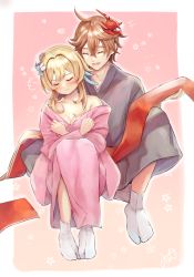 Rule 34 | 1boy, 1girl, :s, bare shoulders, blonde hair, blush, breasts, closed eyes, closed mouth, earrings, flower, frown, genshin impact, grey kimono, hair flower, hair ornament, highres, japanese clothes, jewelry, kimono, lumine (genshin impact), mask, mask on head, mirin pengin, off shoulder, open mouth, orange hair, pink kimono, red mask, single earring, small breasts, socks, tartaglia (genshin impact)
