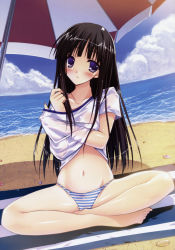 Rule 34 | 1girl, absurdres, barefoot, beach, blush, brown hair, day, highres, indian style, kusanagi yukino, ocean, panties, pastel (game), purple eyes, sitting, smile, solo, striped clothes, striped panties, underwear, undressing, wet, wet clothes