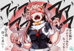 Rule 34 | 1girl, absurdres, angry, baileys (tranquillity650), blonde hair, breasts, commentary request, furious, glowing, glowing eyes, hair ornament, hairclip, highres, kantai collection, long hair, medium breasts, open mouth, red eyes, scarf, school uniform, serafuku, solo, teeth, translation request, white scarf, yuudachi (kancolle)