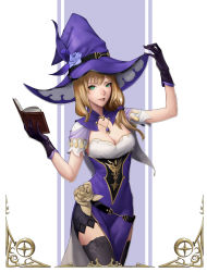 Rule 34 | 1girl, black gloves, blonde hair, book, breasts, brown thighhighs, cleavage, flower, genshin impact, gloves, green eyes, hair between eyes, hat, highres, holding, holding book, lips, lisa (genshin impact), looking at viewer, medium hair, open mouth, purple flower, purple hat, purple rose, rose, short sleeves, side ponytail, simonz1987, smile, solo, thighhighs, witch, witch hat