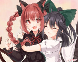 Rule 34 | 2girls, animal ears, arm up, bad id, bad pixiv id, bird wings, black dress, black hair, blush, bow, braid, cape, cat ears, cat tail, commentary request, dress, closed eyes, fang, feathered wings, fingernails, hair between eyes, hair bow, hand on another&#039;s shoulder, hug, juliet sleeves, kaenbyou rin, long hair, long sleeves, looking at viewer, multiple girls, multiple tails, nail polish, open mouth, pink background, ponytail, puffy short sleeves, puffy sleeves, red eyes, red hair, red nails, reiuji utsuho, sharp fingernails, shiromoru (yozakura rety), shirt, short hair, short sleeves, sketch, skin fang, slit pupils, smile, tail, touhou, twin braids, twitter username, upper body, white shirt, wings