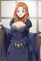 Rule 34 | 1girl, alternate costume, amayo thranana, annette fantine dominic, aqua eyes, black dress, blue flower, blush, breasts, cleavage, cleavage cutout, clothing cutout, commentary request, dress, fire emblem, fire emblem: three houses, flower, forehead, highres, indoors, juliet sleeves, long hair, long sleeves, looking at viewer, nintendo, open mouth, orange hair, puffy sleeves, smile, solo, wide sleeves