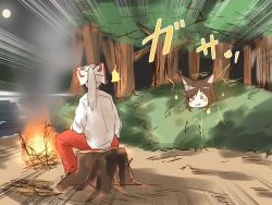 Rule 34 | &gt;:3, 2girls, :3, ^^^, animal ears, bad id, bad twitter id, blush, bow, brown hair, bush, campfire, closed mouth, commentary request, emphasis lines, fire, fish, fujiwara no mokou, full moon, hair bow, highres, imaizumi kagerou, kakuteru sudachi, long hair, moon, motion lines, multiple girls, nature, night, o o, outdoors, pants, ponytail, red pants, roasting, shirt, sitting, sparkle, surprised, touhou, tree, tree stump, v-shaped eyebrows, white hair, white shirt, wolf ears