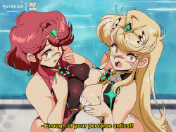 Rule 34 | 1990s (style), 2girls, bare shoulders, blonde hair, bluethebone, blush, breast press, breasts, chest jewel, cleavage cutout, clothing cutout, commentary, competition swimsuit, english text, gem, headpiece, large breasts, long hair, looking at viewer, multiple girls, mythra (radiant beach) (xenoblade), mythra (xenoblade), one-piece swimsuit, open mouth, patreon username, pyra (pro swimmer) (xenoblade), pyra (xenoblade), red eyes, red hair, retro artstyle, short hair, subtitled, swimsuit, symmetrical docking, xenoblade chronicles (series), xenoblade chronicles 2, yellow eyes