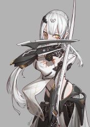 Rule 34 | 1girl, absurdres, android, blade, breasts, eyeliner, girls&#039; frontline, grey background, highres, long hair, makeup, mechanical arms, mechanical legs, medium breasts, mo geng, nyto (generic) (girls&#039; frontline), nyto (girls&#039; frontline), paradeus, pelvic curtain, solo, very long hair, white hair, yellow eyes