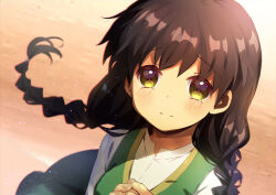 Rule 34 | 1girl, aged up, alternate hairstyle, black hair, blurry, blush, braid, closed mouth, commentary, depth of field, eyelashes, eyes visible through hair, floating hair, hair between eyes, lliissaawwuu2, long hair, looking at viewer, low twin braids, orange background, own hands together, rewrite, shimako (rewrite), shirt, simple background, smile, solo, tears, twin braids, upper body, white shirt, yellow eyes