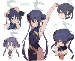 Rule 34 | 1girl, 1other, puff of air, annoyed, arm up, armpits, arms up, black dress, black hair, blue archive, blush stickers, braid, braided bun, butterfly hair ornament, chibi, chibi inset, china dress, chinese clothes, closed eyes, closed mouth, commentary request, disembodied limb, double bun, dragon print, dress, hair bun, hair ornament, hakasesuitchi, halo, hand on another&#039;s head, headpat, jitome, kisaki (blue archive), long hair, multiple views, outstretched arm, pelvic curtain, profile, side slit, simple background, sleeveless, sleeveless dress, sweat, v-shaped eyebrows, white background