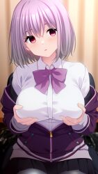 Rule 34 | 1girl, black skirt, blush, bow, breasts, commentary request, commission, crossed bangs, dress shirt, empty eyes, eyelashes, fingernails, grabbing own breast, gridman universe, hair between eyes, head tilt, highres, hypnosis, irori (irorixc), jacket, large breasts, light purple hair, long sleeves, looking at viewer, medium hair, mind control, miniskirt, off shoulder, paid reward available, pantyhose, parted lips, pleated skirt, purple bow, purple jacket, red eyes, shinjou akane, shirt, sitting, skeb commission, skirt, solo, ssss.gridman, straight hair, white shirt