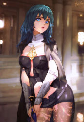 Rule 34 | 1girl, armor, armored dress, artist name, bad id, bad pixiv id, black cloak, black pantyhose, black shorts, blue eyes, blue hair, breasts, brown pantyhose, byleth (female) (fire emblem), byleth (fire emblem), cloak, clothing cutout, commentary, contrapposto, cowboy shot, detached collar, english commentary, esther shen, eyelashes, fire emblem, fire emblem: three houses, hair between eyes, knife, lace, lace-trimmed legwear, lace trim, lips, long hair, looking at viewer, medium breasts, midriff, navel, navel cutout, nintendo, pantyhose, pantyhose under shorts, parted lips, print pantyhose, short shorts, shorts, signature, solo, sunlight, tassel, vambraces