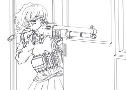Rule 34 | 1girl, absurdres, aiming, ammunition pouch, benelli m4 super 90, combat shotgun, commentary, fingerless gloves, gloves, greyscale, gun, highres, holding, holding gun, holding weapon, jadedpencil, knee pads, load bearing vest, long hair, magazine (weapon), military operator, monochrome, original, pouch, pump-action shotgun, pump action, semi-automatic firearm, semi-automatic shotgun, shell casing, shotgun, shotgun shell, sliding doors, solo, weapon