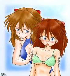 Rule 34 | 2girls, blush, breasts, cleavage, clothes pull, dual persona, king of the crushers, multiple girls, neon genesis evangelion, one-piece swimsuit pull, souryuu asuka langley, swimsuit, undressing, yuri