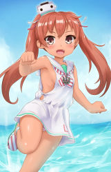 Rule 34 | 10s, 1girl, breasts, brown eyes, brown hair, dark-skinned female, dark skin, dress, fang, kantai collection, leg lift, libeccio (kancolle), long hair, open mouth, panties, paw pose, shinovi, shoes, short dress, side slit, sideboob, sky, sleeveless, sleeveless dress, small breasts, smile, solo, striped clothes, striped panties, twintails, underwear, water