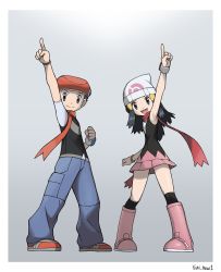 Rule 34 | 1boy, 1girl, :d, arm up, artist name, bare legs, beanie, black hair, boots, border, bracelet, clenched hand, creatures (company), curvy, dawn (pokemon), eyelashes, game freak, grey eyes, grey pants, hair ornament, hairclip, hat, headwear request, highres, index finger raised, jewelry, long hair, lucas (pokemon), nintendo, open mouth, over-kneehighs, pants, pokemon, pokemon dppt, red scarf, scarf, shiny skin, shoes, short sleeves, smile, thighhighs, tongue, white border, white headwear, yoshi (moco1)