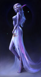 Rule 34 | 1girl, absurdres, alisa nilsen, azralith (warcraft), barefoot, blue hair, breasts, claw ring, closed mouth, colored skin, commentary, commission, dress, earrings, elf, english commentary, from side, gem, highres, jewelry, long dress, long hair, looking at viewer, looking to the side, medium breasts, nail polish, night elf (warcraft), night elf (warcraft), pointy ears, purple nails, purple skin, red eyes, smile, solo, toenails, warcraft, world of warcraft