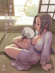 Rule 34 | 1girl, artist request, breasts, bush, cleavage, collarbone, downblouse, from above, full body, hand fan, indoors, japanese clothes, kimono, large breasts, long hair, naruto, naruto (series), paper fan, plant, shochuumimai, short hair, signature, sliding doors, solo, tsunade (naruto), uchiwa, wooden floor