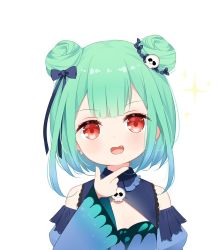 Rule 34 | 1girl, bare shoulders, black bow, blue dress, blue sleeves, bow, detached sleeves, deyui, double bun, dress, earrings, fang, green hair, hair bow, hair bun, hair ornament, hand up, highres, hololive, jewelry, juliet sleeves, long sleeves, looking at viewer, puffy sleeves, red eyes, skull earrings, skull hair ornament, sleeveless, sleeveless dress, sleeves past wrists, solo, sparkle, upper body, uruha rushia, uruha rushia (1st costume), virtual youtuber, white background, wide sleeves