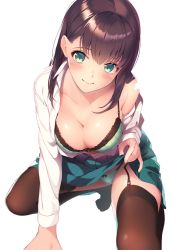 Rule 34 | 1girl, aqua bra, aqua eyes, aqua panties, arm support, bad id, bad pixiv id, black thighhighs, blouse, blush, bra, breasts, brown hair, cleavage, clothes lift, collarbone, garter straps, kneeling, large breasts, leaning forward, lifting own clothes, lips, long hair, looking at viewer, no shoes, open clothes, open shirt, original, panties, pantyshot, ryuji (ikeriu), shiny skin, shirt, skirt, skirt lift, solo, thighhighs, thighs, underwear