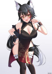 Rule 34 | 1girl, animal ear fluff, animal ears, black hair, breasts, china dress, chinese clothes, cleavage, cleavage cutout, clothing cutout, dress, hair ornament, hairclip, highres, hololive, large breasts, looking at viewer, maru.selinn, multicolored hair, ookami mio, open mouth, red hair, smile, solo, streaked hair, tail, virtual youtuber, wolf ears, wolf girl, wolf tail, yellow eyes